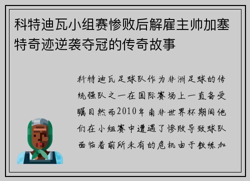 科特迪瓦小组赛惨败后解雇主帅加塞特奇迹逆袭夺冠的传奇故事